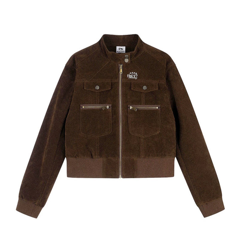Women's Short Cut Velvet Velour Bomber Jacket with Stand-up Collar and Multifunctional Pockets Chichicherry