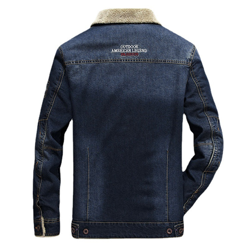 Men's jeans jacket with dense Sherpa lining, high collar, and utility pockets Chichicherry