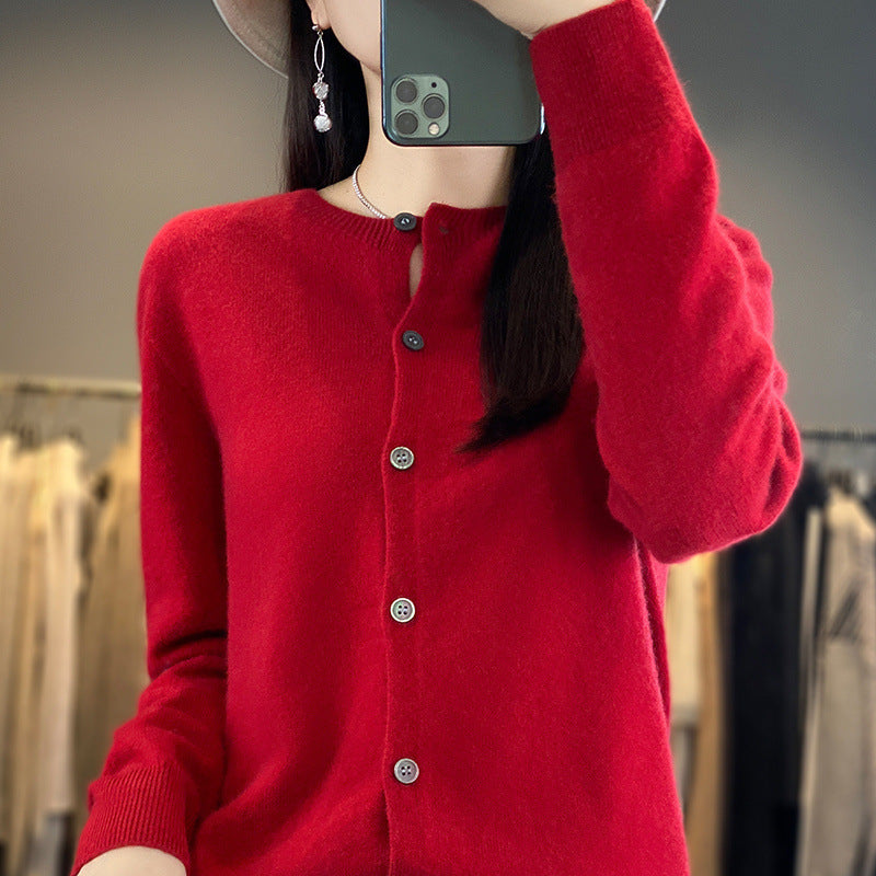 Women's Lightweight Fine Knit Cardigan with Cashmere Look, Round Neckline and Concealed Button Placket Chichicherry