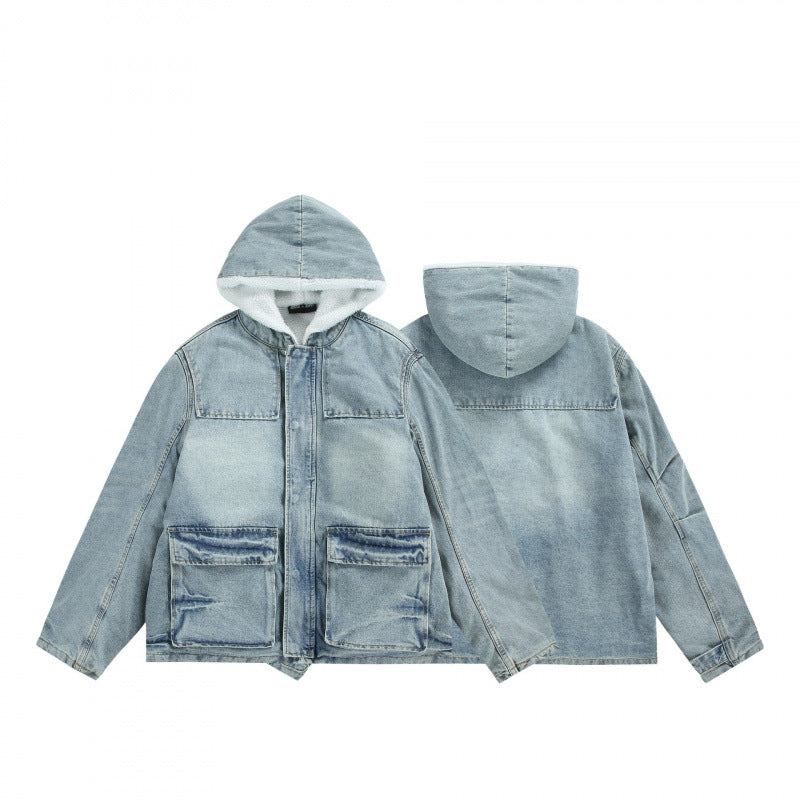 Unisex Hooded Denim Parka in Used Look with Teddy Fleece Lining and Flap Pockets Chichicherry