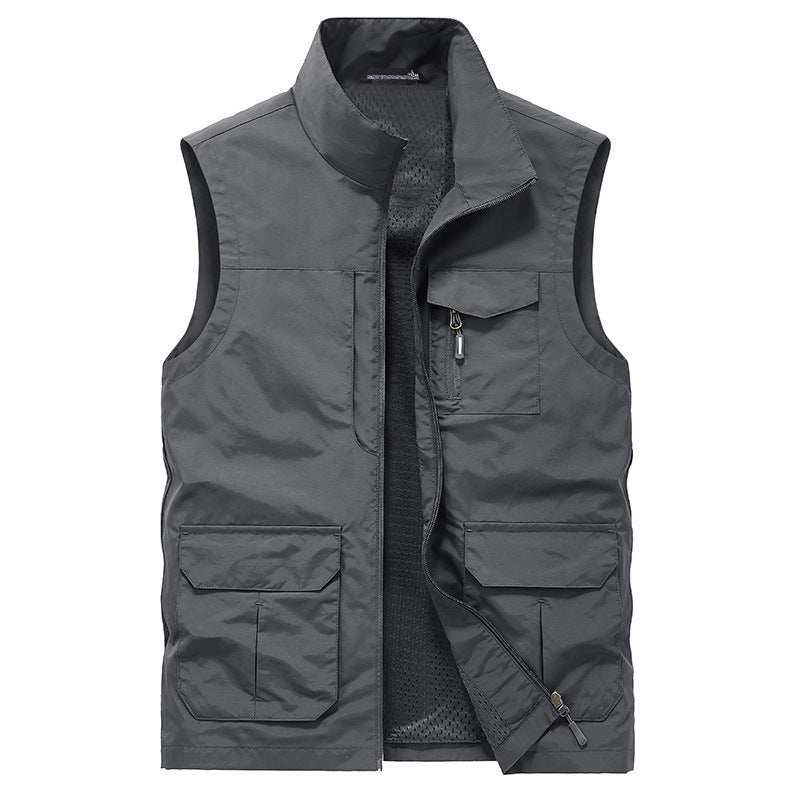 Men's Multi-Pocket Utility Vest with Zipper, Mesh Lining and Stand Collar Chichicherry