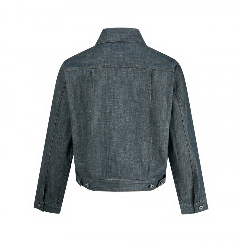 Men's cropped denim jacket with vertical seams, patch pockets, and boxy silhouette Chichicherry