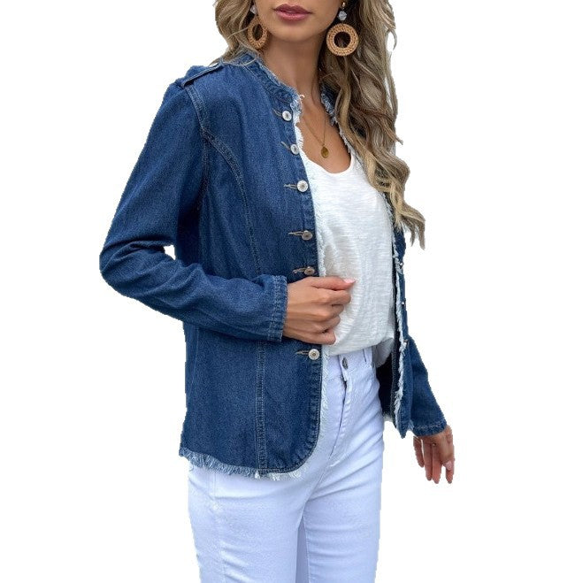 Women's tailored denim jacket with fringe trim and decorative button placket Chichicherry