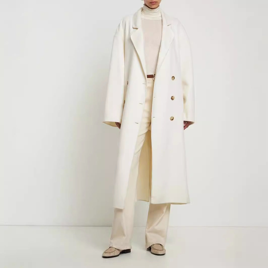 Women Oversize Double-breasted Long Coat with Dropped Shoulder Silhouette and Gold Decorative Buttons Chichicherry