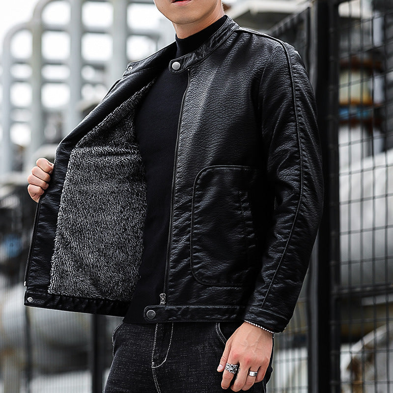 Men's Faux Leather Blouson with Stand Collar, Zipper and Patch Pockets Chichicherry