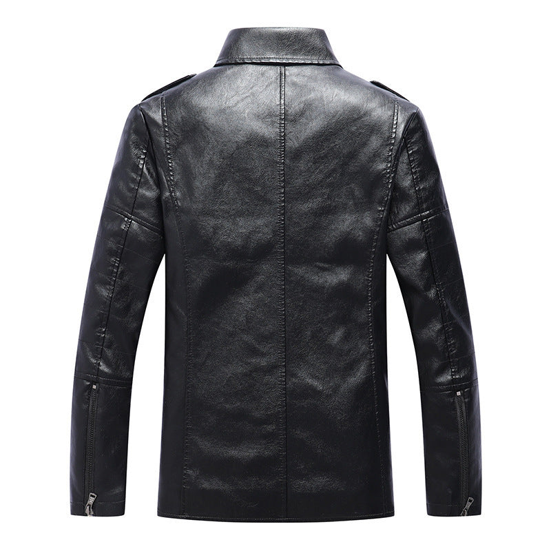 Men's Slim Fit Faux Leather Biker Jacket with Quilted Arm Panels and Lapel Collar Chichicherry