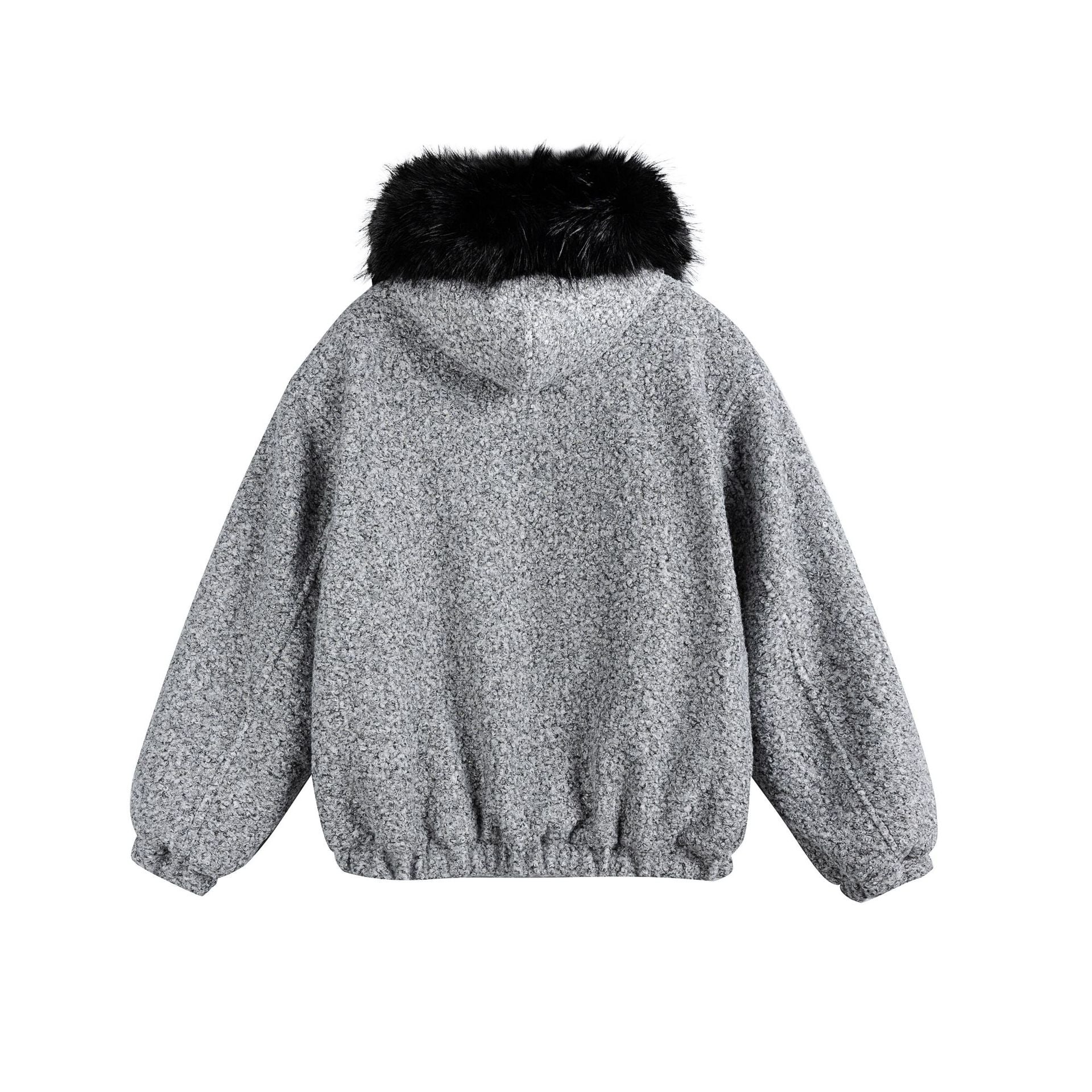 Women's Boucle Blouson Jacket with Voluminous Faux Fur Collar and Thermal Lining Chichicherry