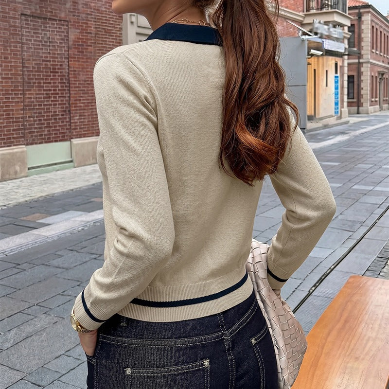 Women's Fine Polo Collar Knit Sweater with Button Placket, Contrast Collar and Striped Cuffs Chichicherry