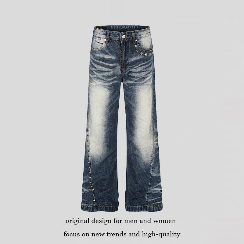 Women High-Waisted Wide Flare Jeans with Used Wash and Studded Trim Chichicherry
