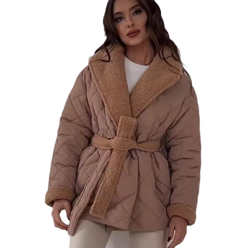 Damen Steppjacke mit Teddy-Futter Taillengürtel und großem Schalkragen Chichicherry