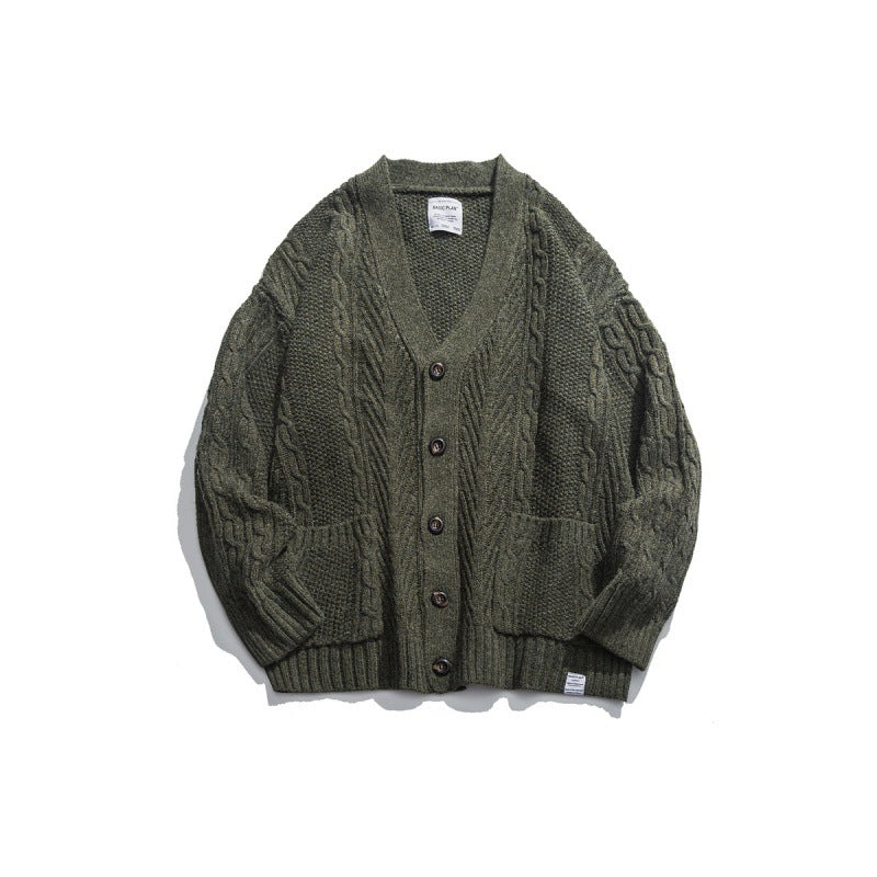 Unisex Oversized Knit Cardigan with Cable Pattern, V-Neck and Patch Pockets Chichicherry