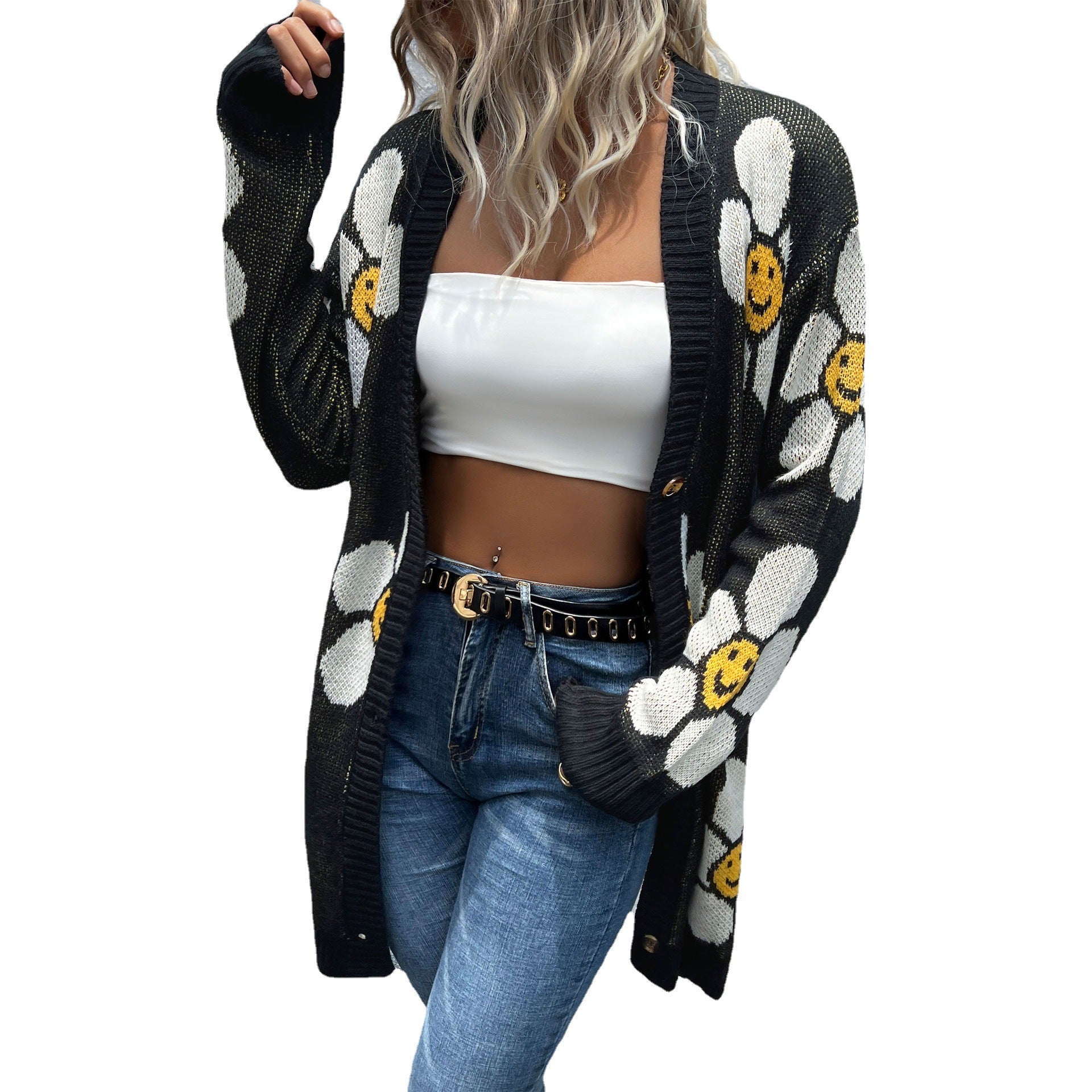 Women's Long Floral Jacquard Knit Cardigan with Oversized Sleeves and Ribbed Cuff Chichicherry