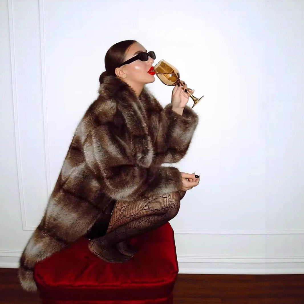 Women's Luxurious Oversized Faux Fur Coat with Hood and Satin Lining Chichicherry