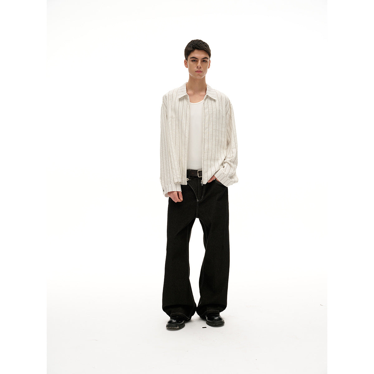Unisex Lightweight Striped Overshirt Jacket with Shirt Collar and Concealed Zipper Chichicherry
