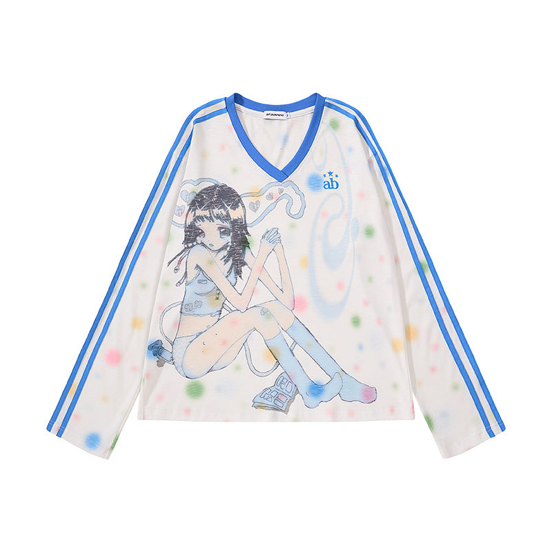 Women's Cropped Mesh Long Sleeve with V-Neck, Anime Print and Contrast Stripes Chichicherry