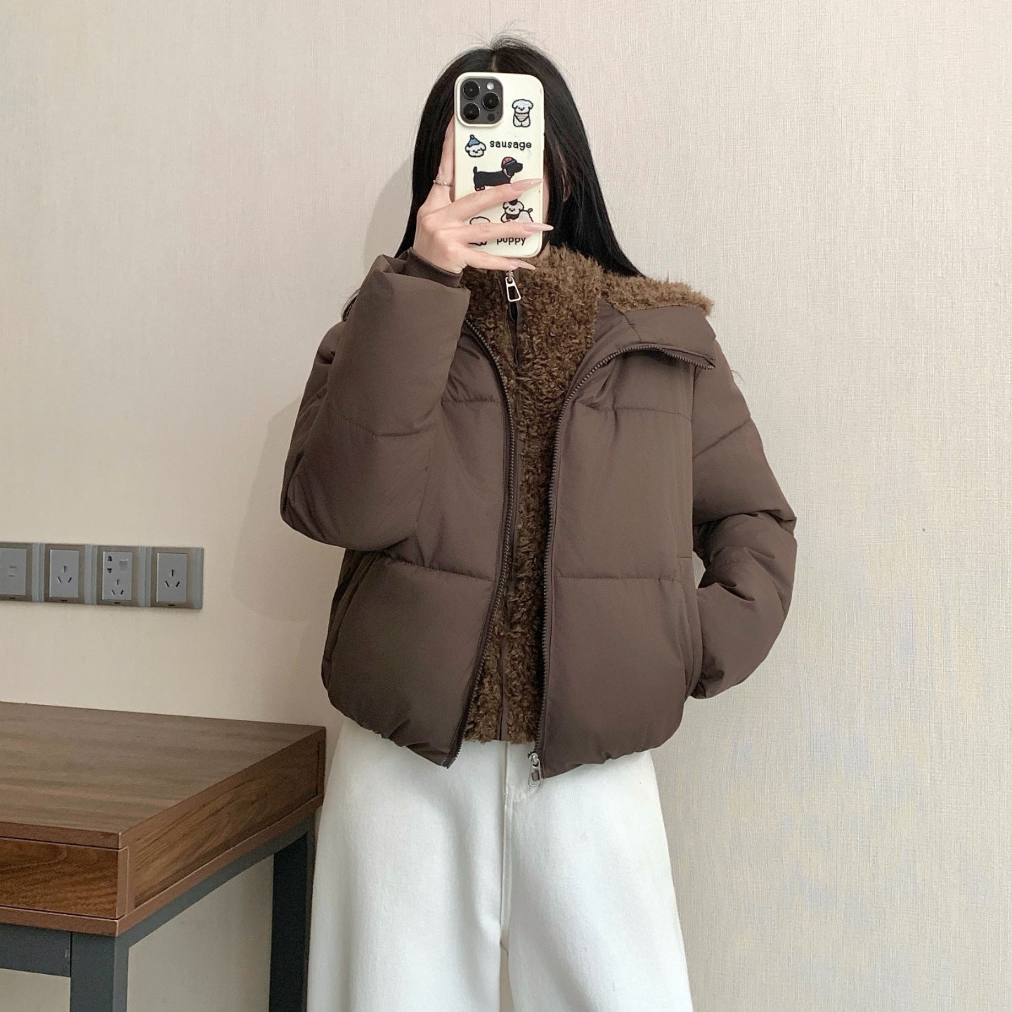 Women's short padded double jacket with detachable teddy inner lining and high stand-up collar Chichicherry