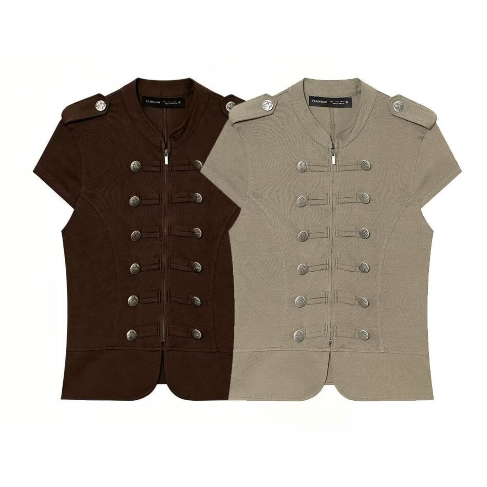Women’s short-sleeved military-inspired vest with decorative straps and metal buttons Chichicherry