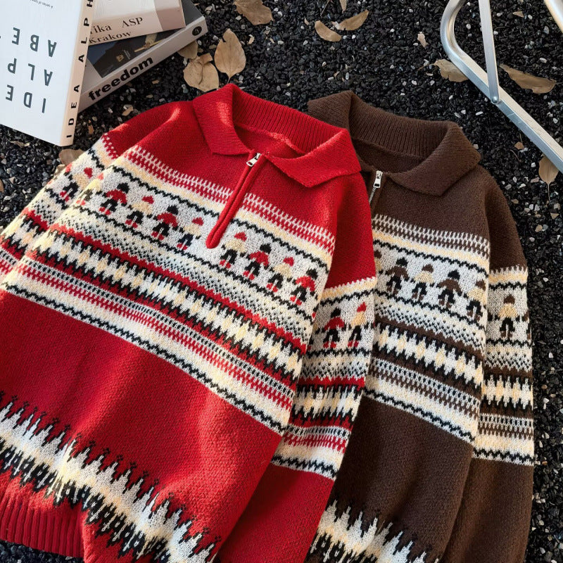 Damen Jacquard-Halbzip-Pullover mit Polokragen und Norweger‑Intarsie Chichicherry