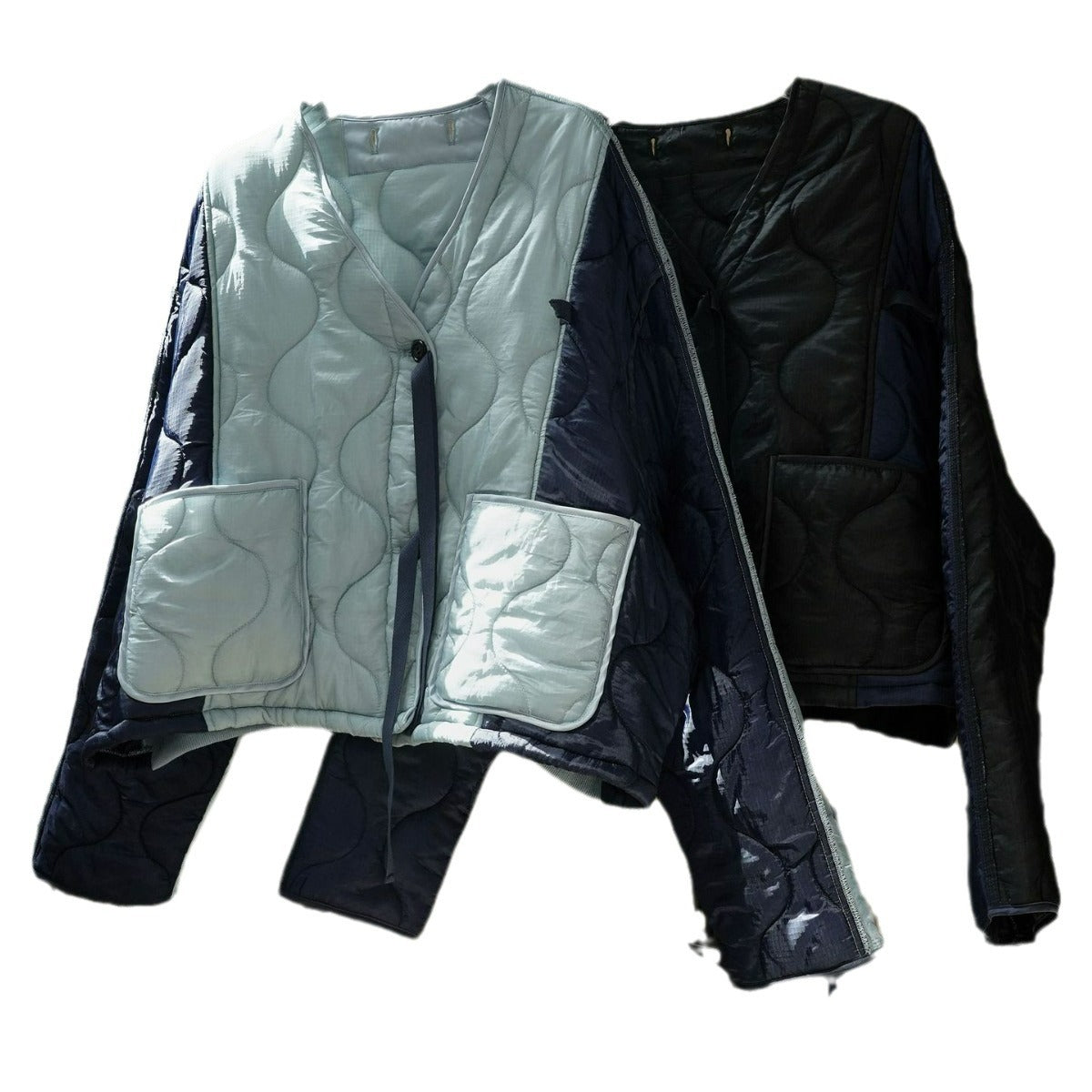 Women's Padded Oversized Quilted Jacket with Contrasting Sleeves and Button Placket Chichicherry