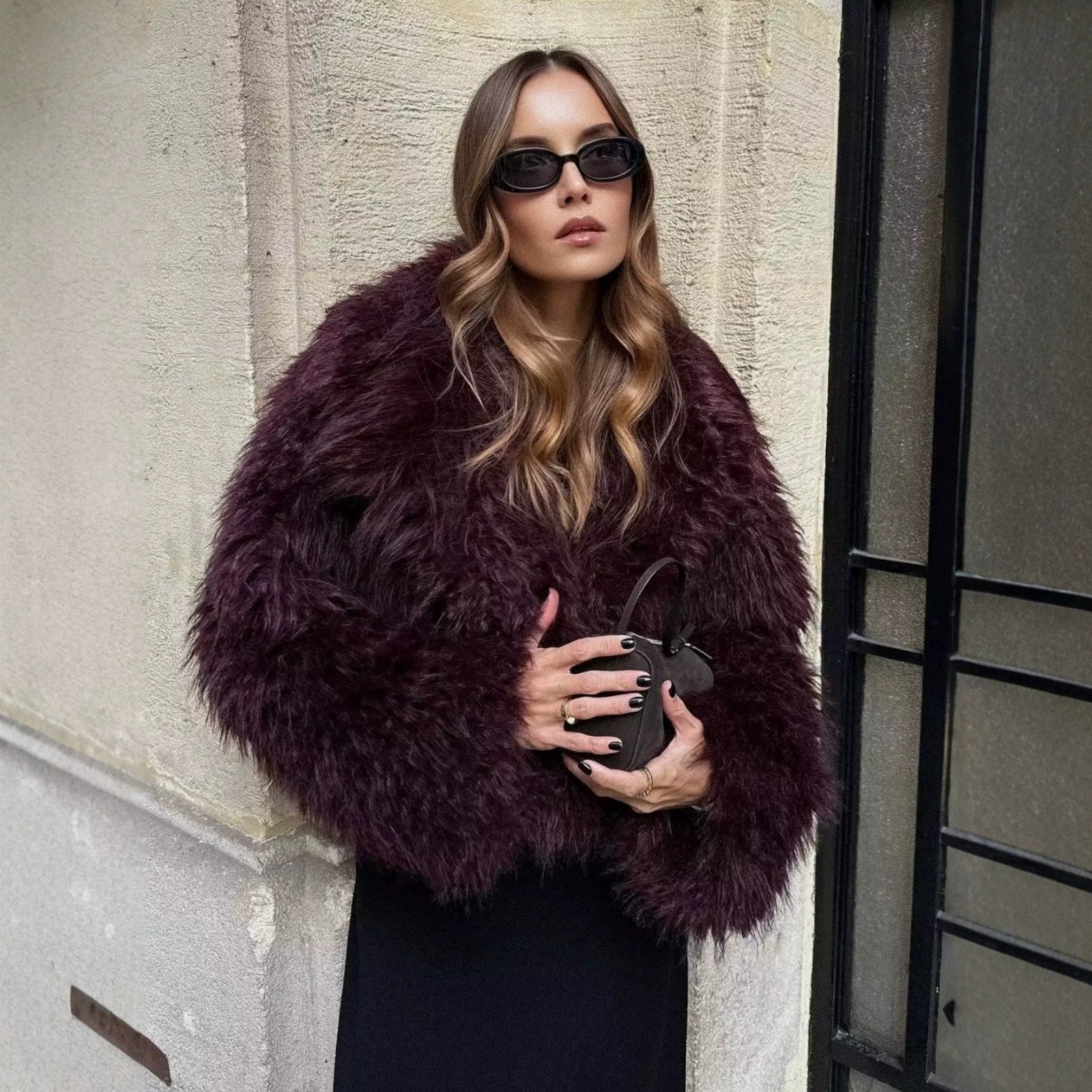 Ladies Short Boxy Plush Jacket in Shaggy Look with Dropped Lapel Chichicherry