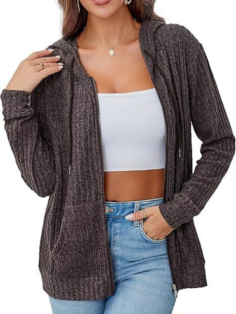 Women’s knitted hooded jacket with zipper, textured knit, and kangaroo pockets Chichicherry