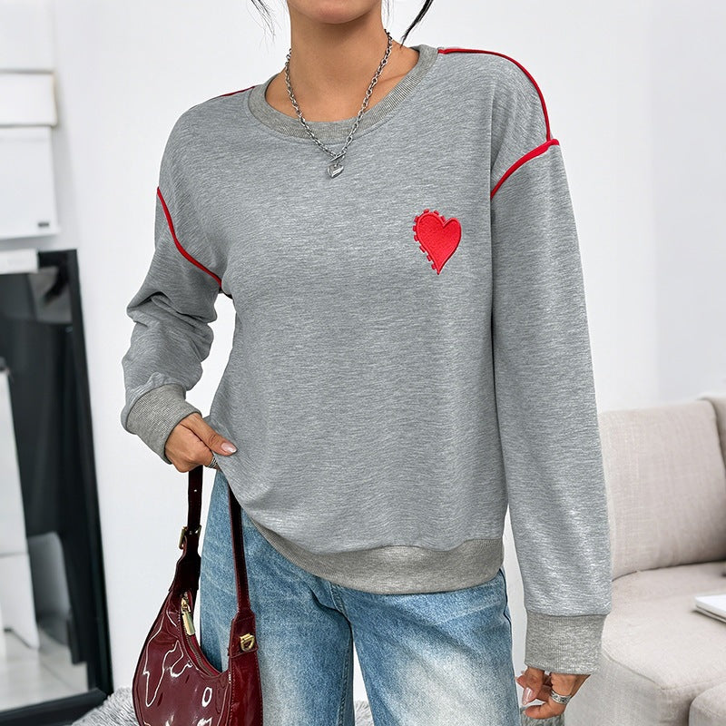 Women's Oversize Sweatshirt with Embroidered Heart, Contrast Piping and Ribbed Hem Chichicherry