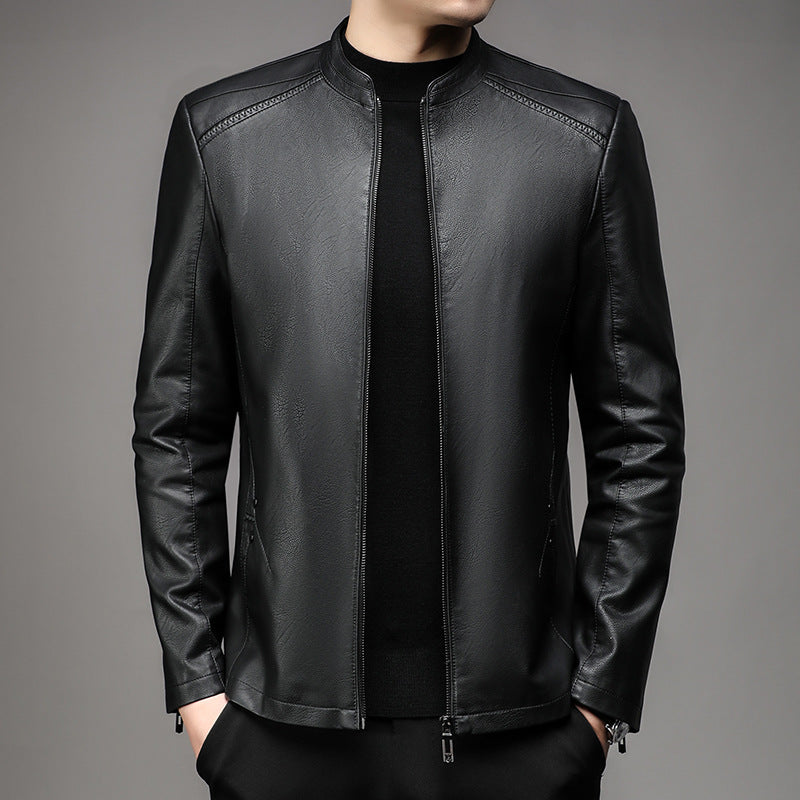 Men's Slim Leather Jacket in Rider Look with Stand Collar and Two-Way Zipper Chichicherry
