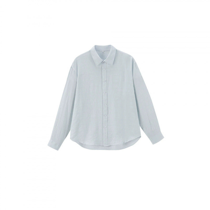 Women's Loose Textured Linen-Cotton Shirt with Kent Collar and Rounded Hem Chichicherry
