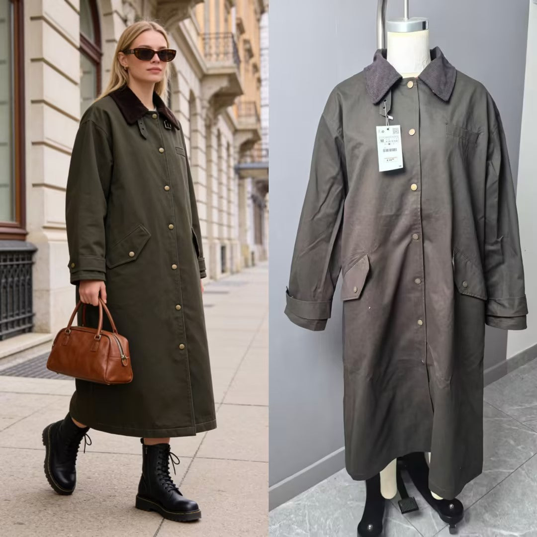 Women’s Long Waterproof Oversized Coat with Cord Collar, Snap Button Placket and Flap Pockets Chichicherry