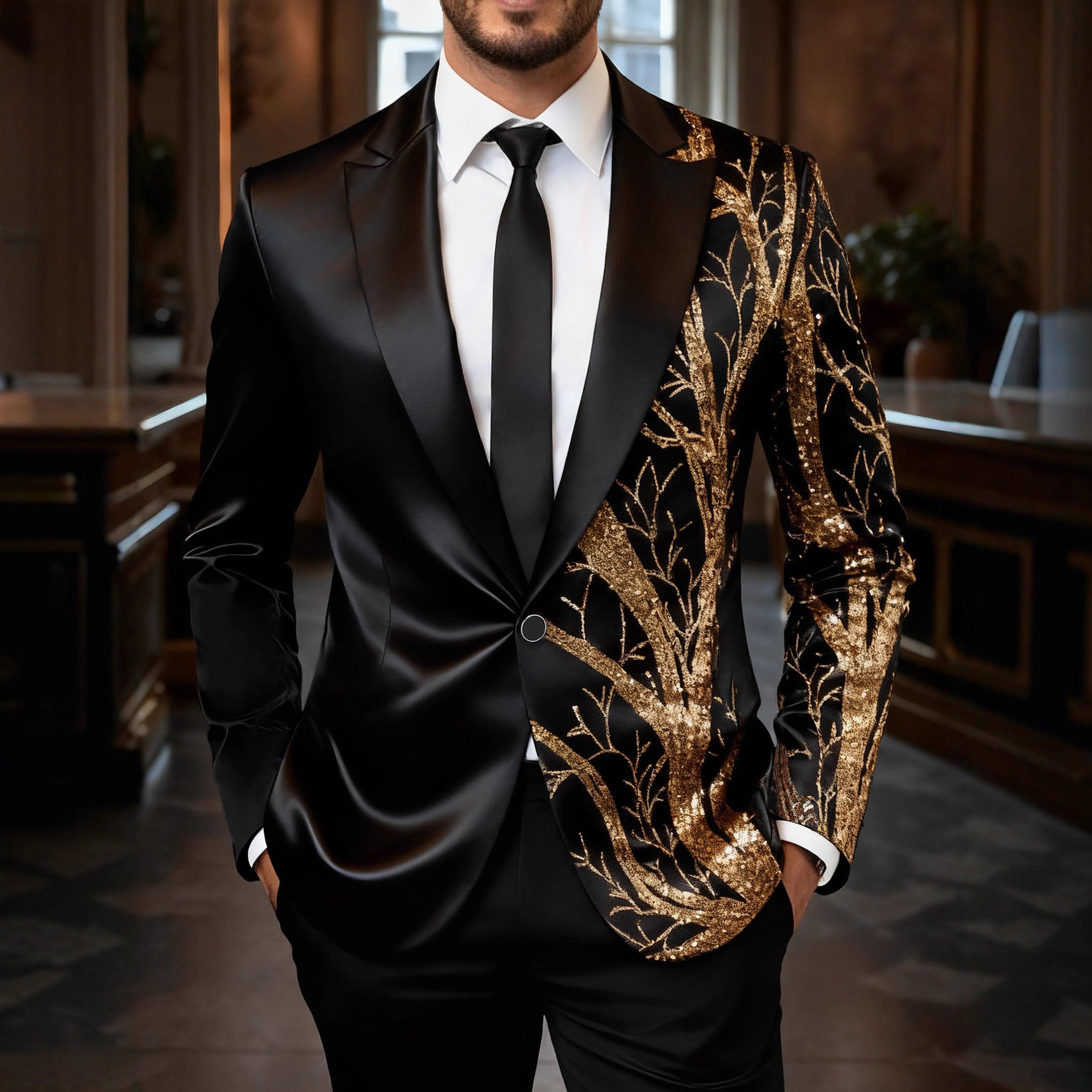 Men's tuxedo blazer with gold sequin trim and tailored satin look Chichicherry
