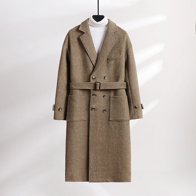 Men's Double-Breasted Wool Blend Long Coat with Notched Lapels and Flap Pockets Chichicherry