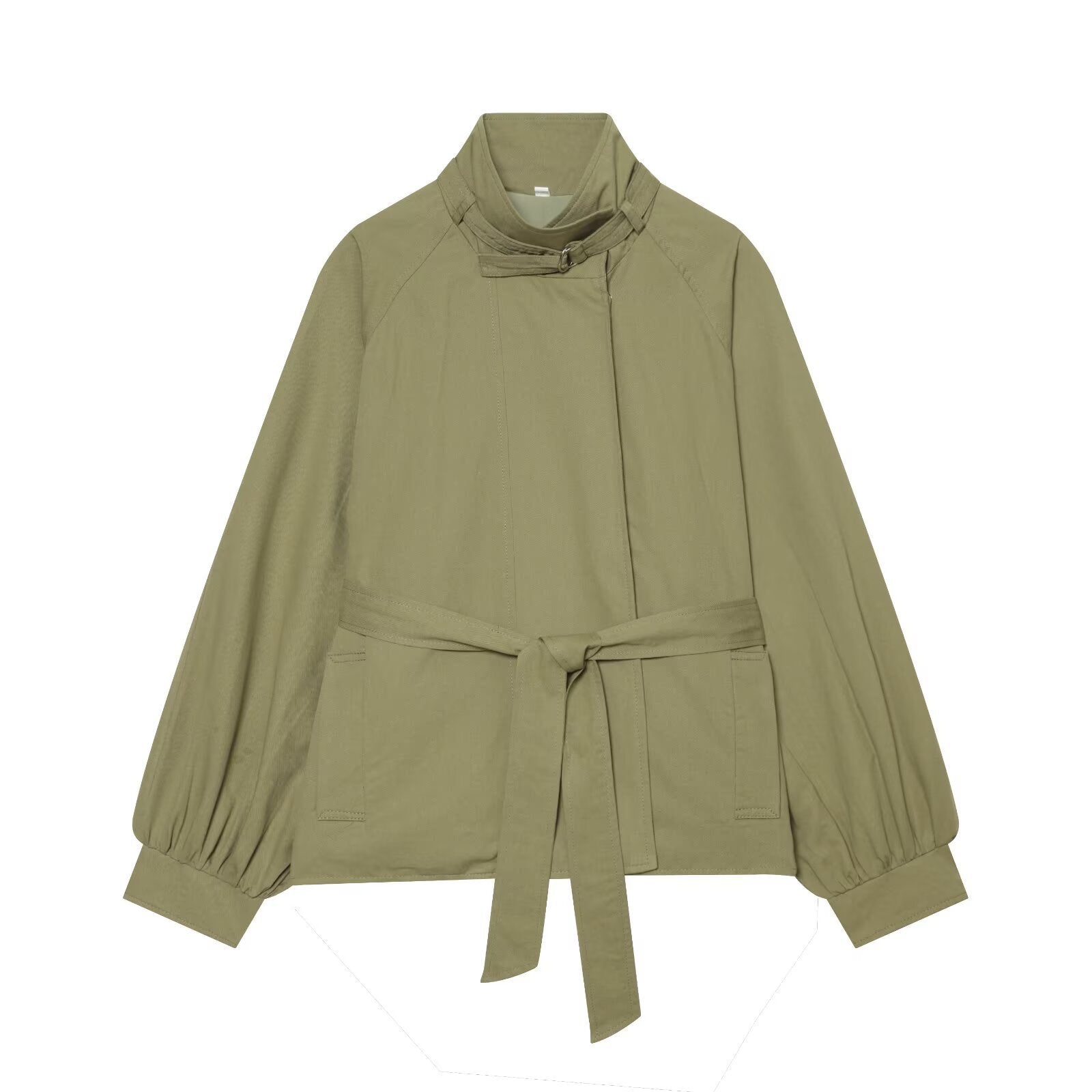 Women's Short Cape Trench Coat with Waist Belt and Funnel Collar Chichicherry