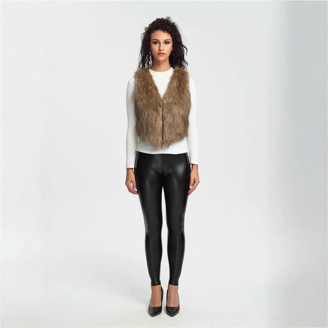 Women's Cropped Faux Fur Vest with Natural Shaggy Texture and V-Neck Chichicherry