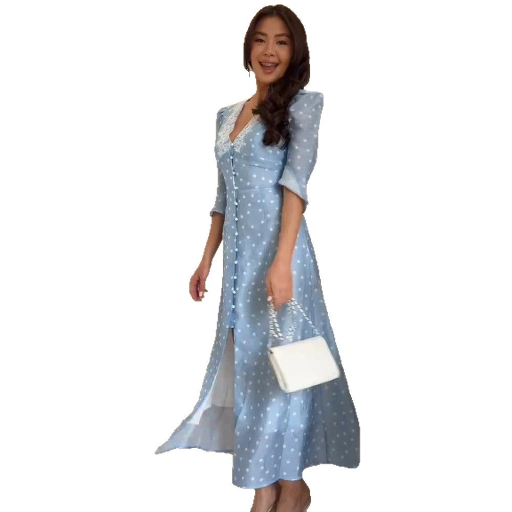 Women's maxi dress with lace V-neck, full button placket and puff sleeves Chichicherry