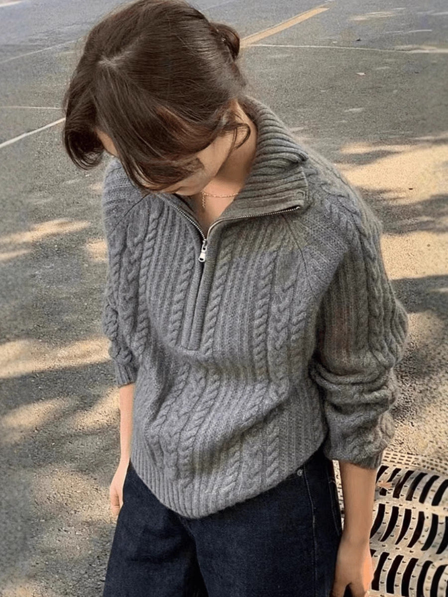 Ladies cable knit polo collar sweater with half zipper and soft mohair look Chichicherry