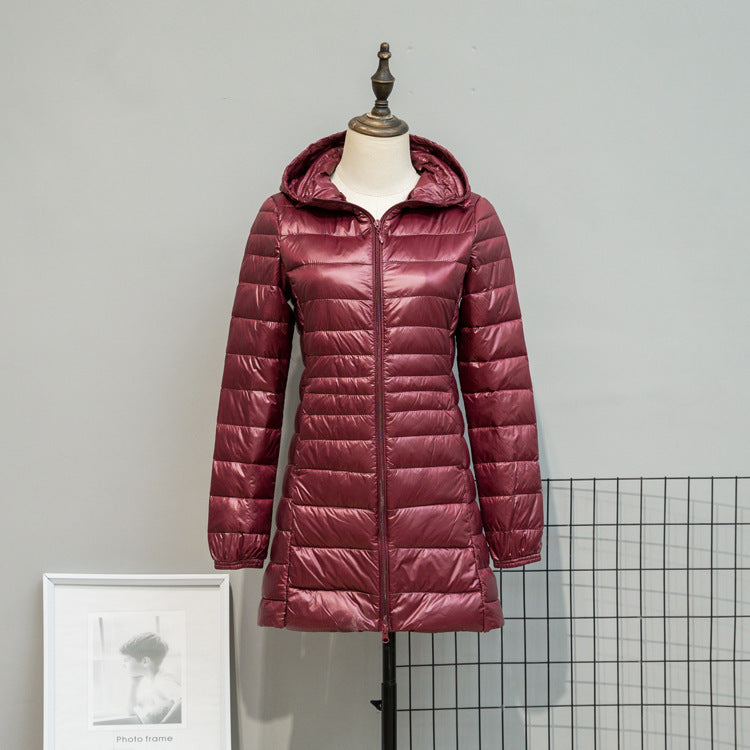 Women's Lightly Quilted Long Jacket with Hood and Slim Silhouette Chichicherry