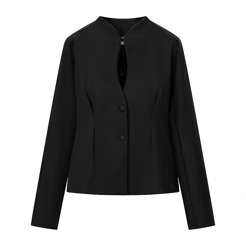 Women's Tailored Short Blazer without Lapels with Stand-Up Collar Look and Shaping Seams Chichicherry