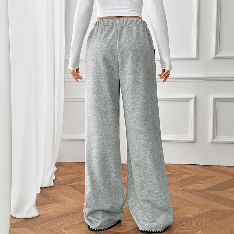 Women's Wide Relax Fleece Pants with High Waist, Drawstring and Decorative Stitch Details Chichicherry