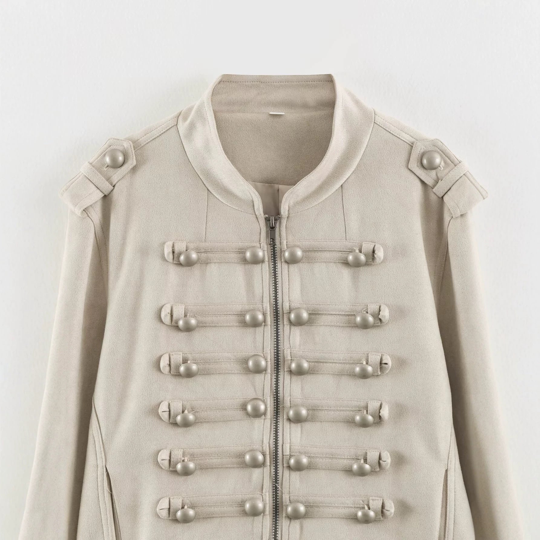 Women Short Military Jacket with Decorative Button Placket and Stand Collar Chichicherry