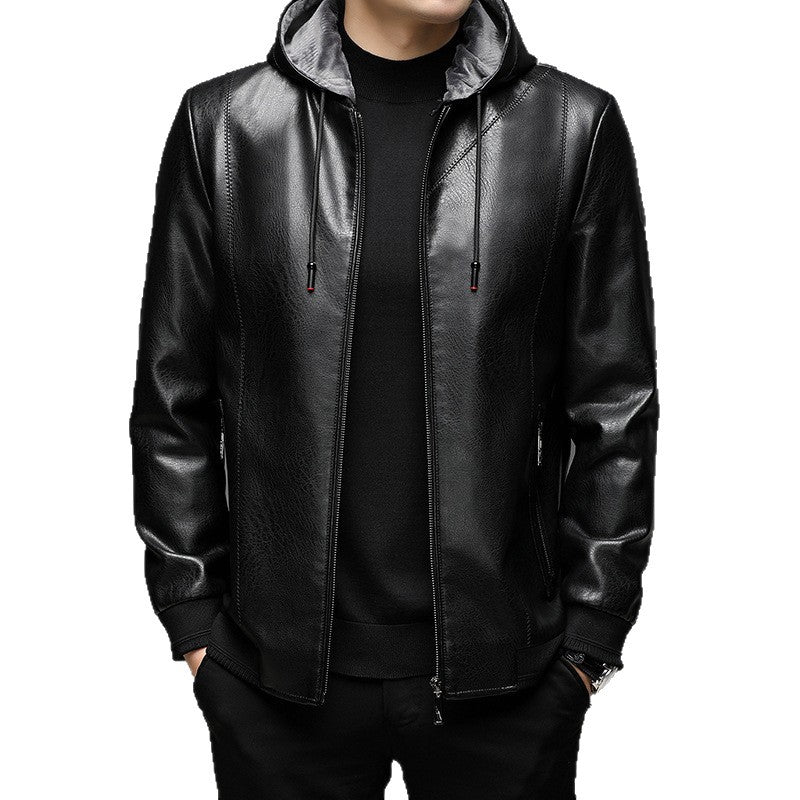 Men's faux leather hooded jacket with fine texture, zipper, and ribbed cuffs Chichicherry