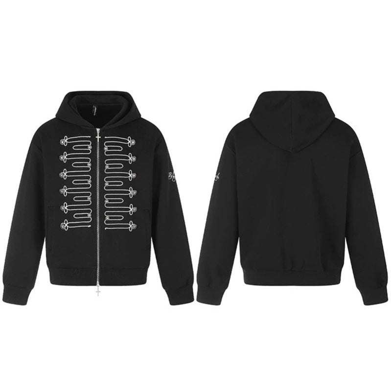 Unisex Zip-Hooded Jacket in Military Style with Decorative Cords and Metal Buttons Chichicherry