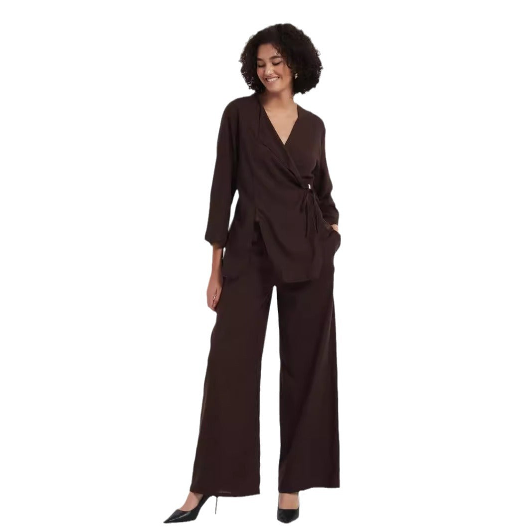 Women's two-piece wrap set made of flowing viscose blend with wide palazzo pants leg Chichicherry
