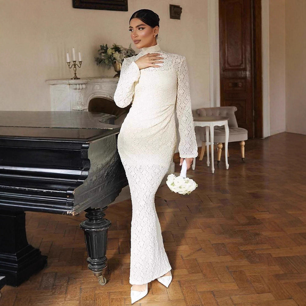 Women Elegant form-fitting Maxi dress made of lace with a stand-up collar and trumpet sleeves Chichicherry