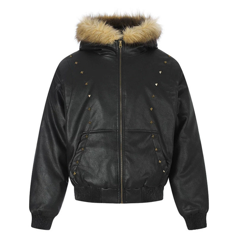 Women's Faux Leather Bomber Jacket with Hood, Faux Fur Trim and Decorative Rivets Chichicherry