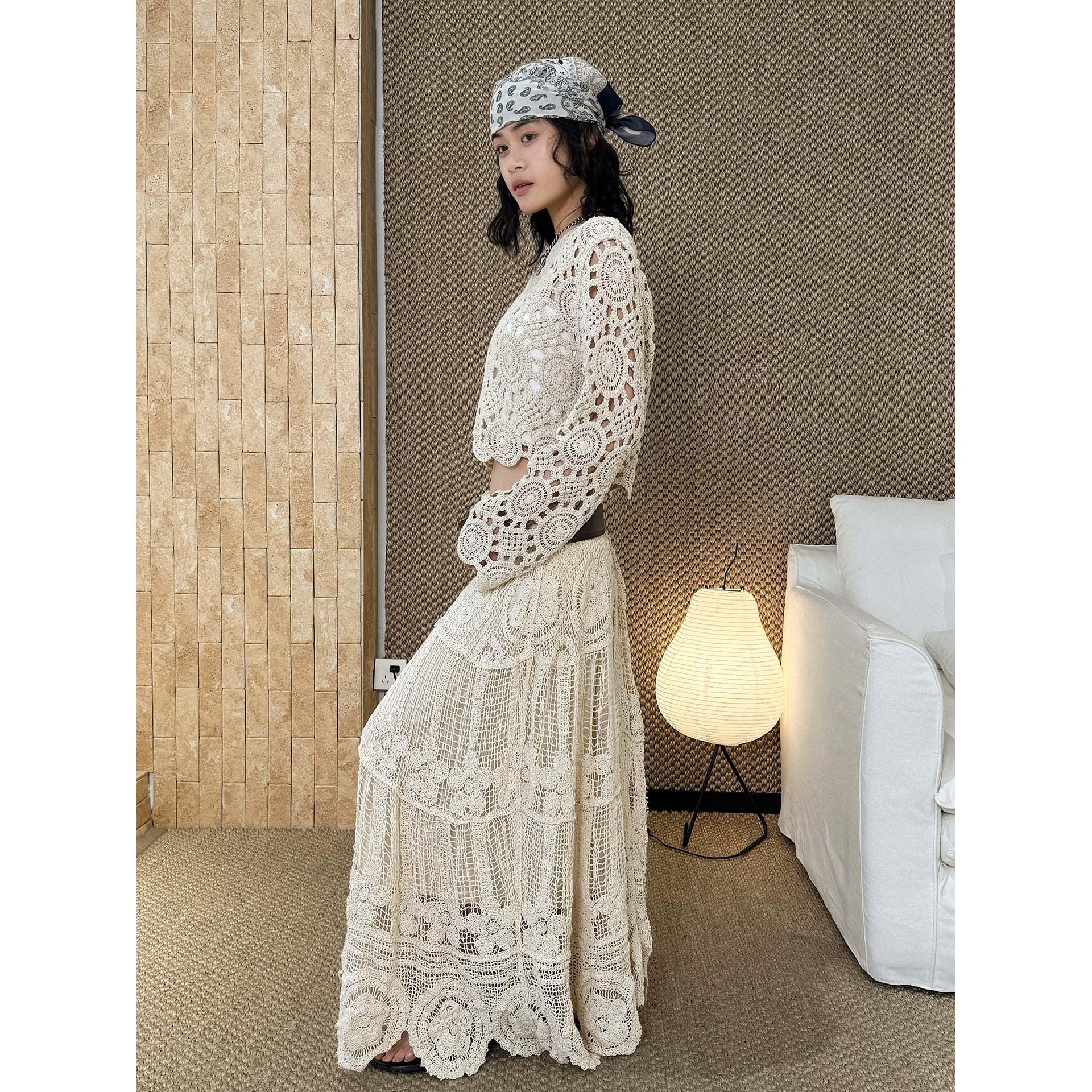 Ladies Crocheted Boho Set of Crop Top with Long Sleeve and Maxi Skirt Chichicherry