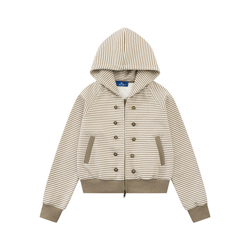 Women's striped hoodie sweatshirt jacket in navy look with double-breasted optics and front zipper Chichicherry