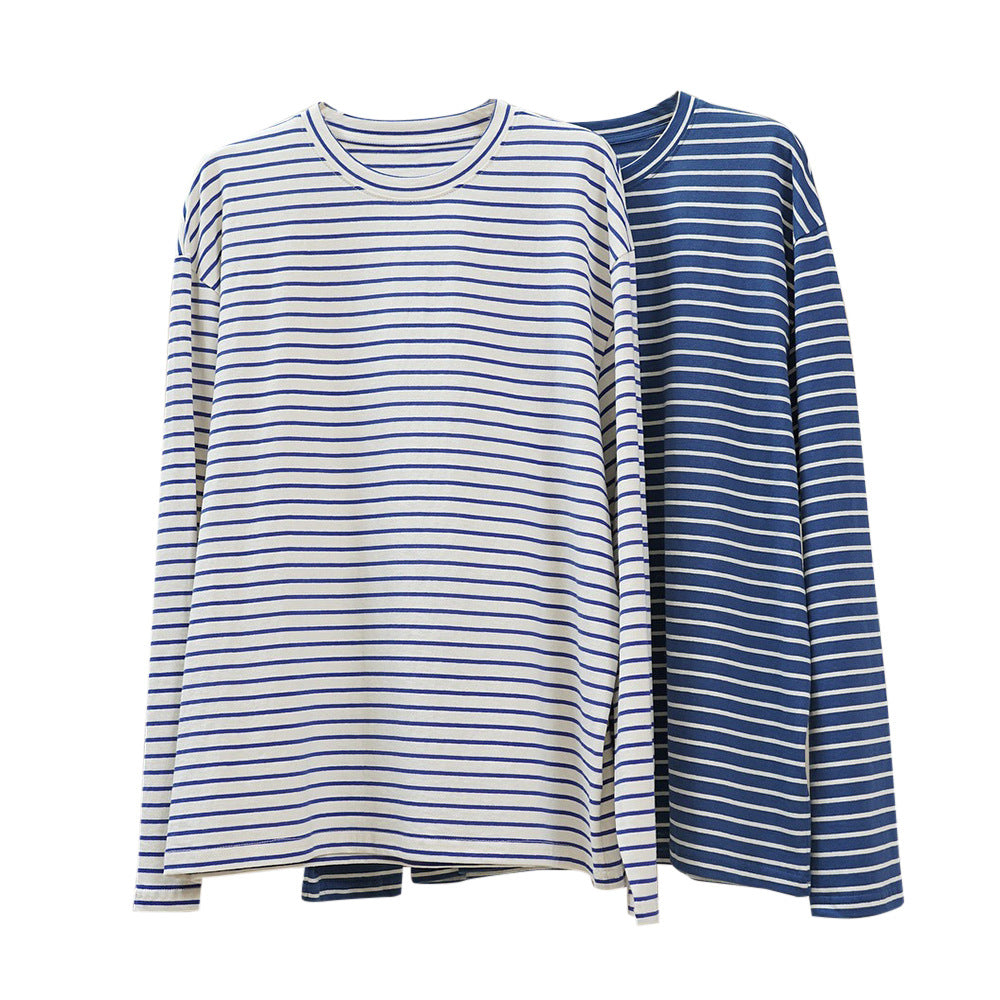 Women Oversized Striped Long Sleeve from Cotton Jersey with Round Neck Chichicherry