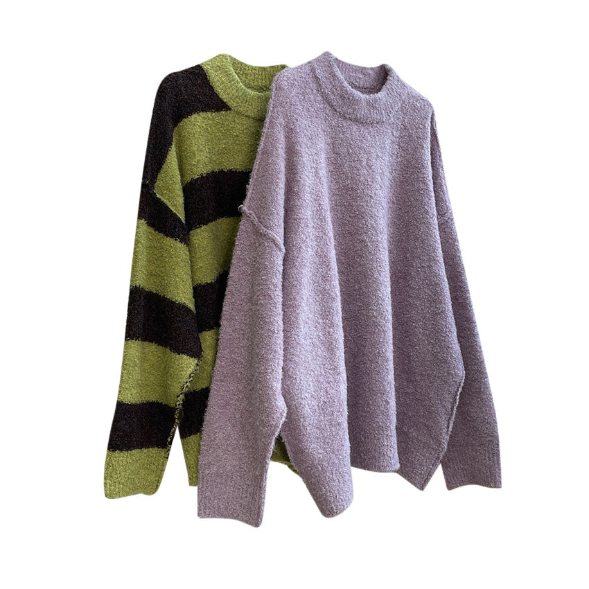 Women Cozy Oversized Knit Dress with Boucle Structure and Round Neckline Chichicherry