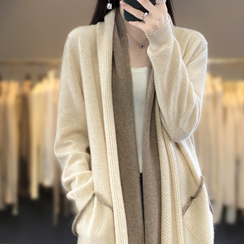 Ladies longer open cardigan in cashmere-look with shawl collar and patch pockets Chichicherry