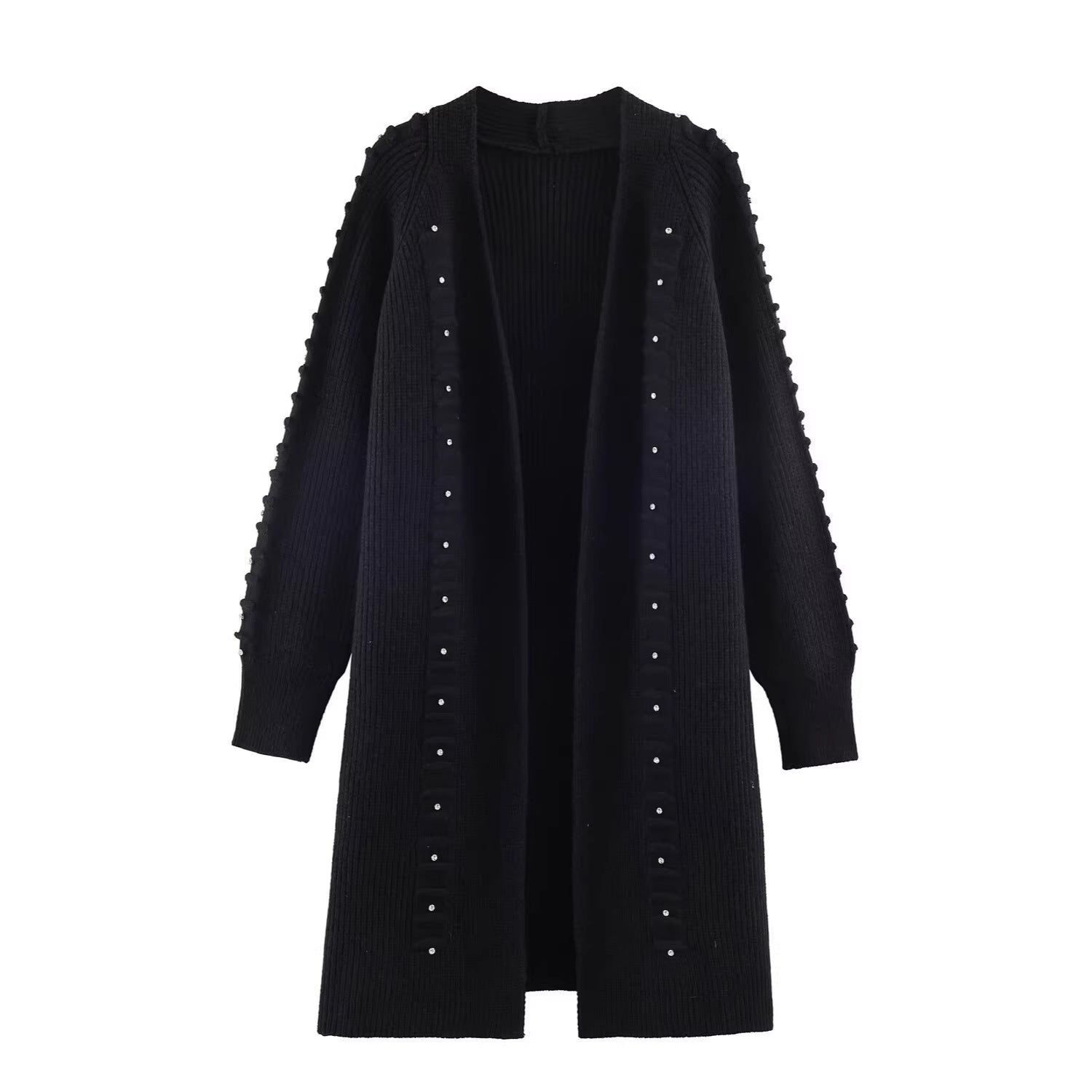Women Longline Knit Cardigan with Pearl Trim and Ribbed Cuffs Chichicherry